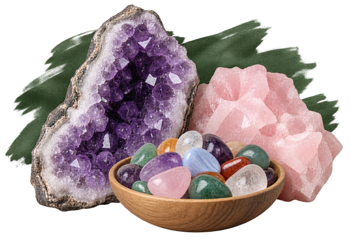 Amethist, rozenkwarts en trommelstenen